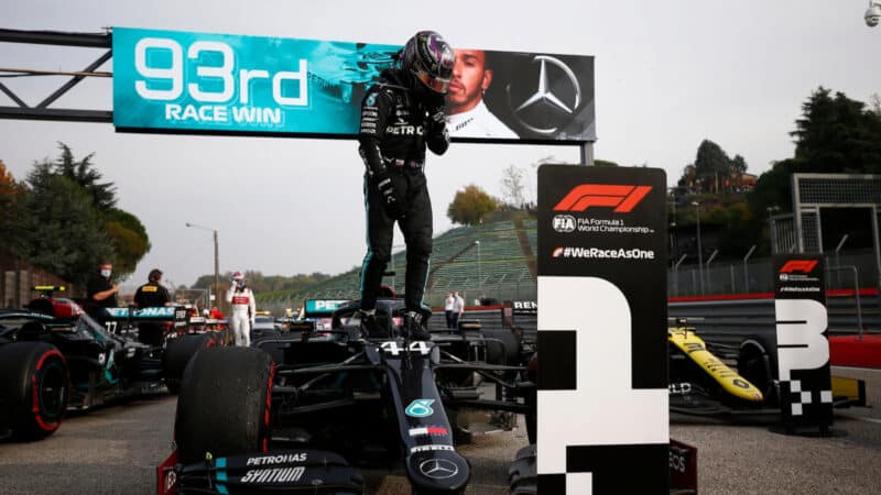 Lewis Hamilton (Mercedes) in parc ferme after the 2020 Emilia Romagna Grand Prix