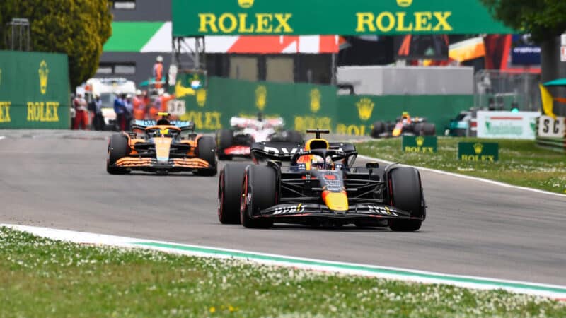 Max Verstappen (Red Bull-Honda) in front of Lando Norris (McLaren-Mercedes) in the sprint race before the 2022 Emilia Romagna Grand Prix