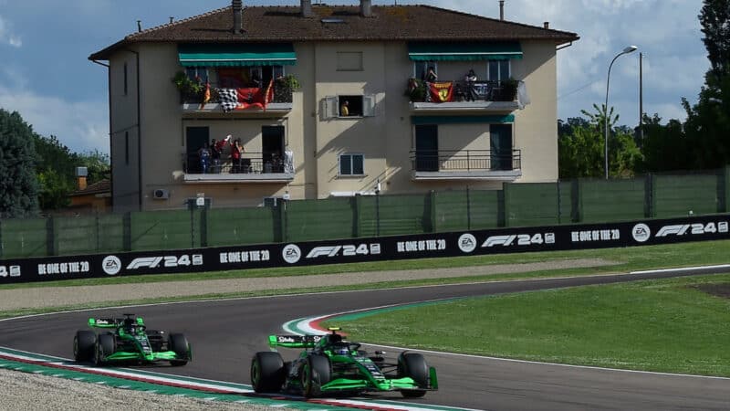Sauber-Ferrari drivers Guanyu Zhou and Valtteri Bottas during practice for the 2024 Emilia Romagna Grand Prix