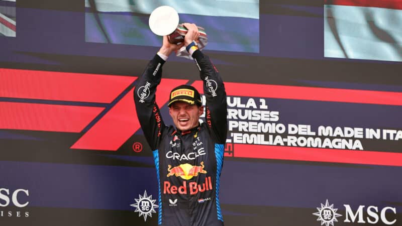 Max Verstappen (Red Bull-Honda) celebrates after the 2024 Emilia Romagna Grand Prix