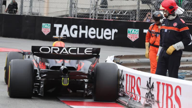 Max Verstappen (Red Bull-Honda) touch the armco barrier during practice for the 2024 Monaco Grand Prix