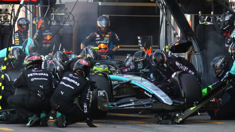 Pit stop for Lewis Hamilton (Mercedes) at the2024 Monaco Grand Prix at Monte Carlo