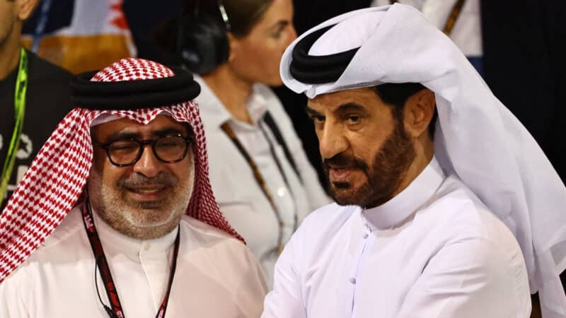 Abdulla bin Isa Al Khaklifa and Mohammed ben Sulayem in parc ferme after qualifying for the 2025 Bahrain Grand Prix