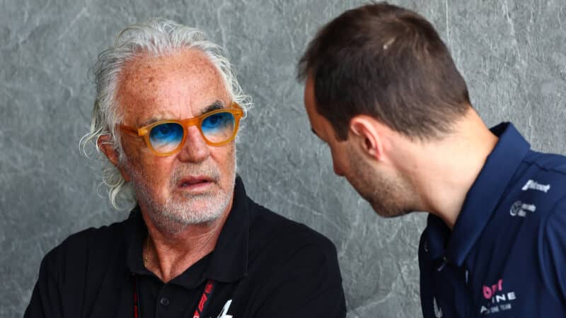 Flavio Briatore and Oliver Oakes (both Alpine-Renault) before the 2025 Saudi Arabian Grand Prix