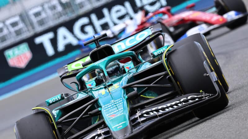 Lance Stroll (Aston Martin-Mercedes) in front of Charles Leclerc (Ferrari) during practice for the 2025 Miami Grand Prix