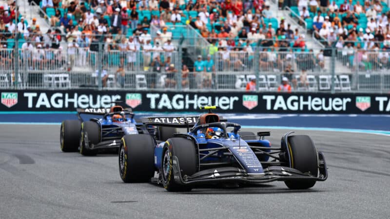 Carlos Sainz Jr in front of Williams-Mercedes teammate Alexander Albon during the 2025 Miami Grand Prix