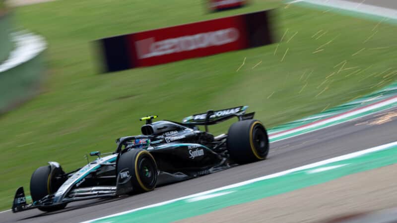 Sparks fly from Kimi Antonelli (Mercedes) during practice for the 2025 Emilia Romagna Grand Prix in Imola.