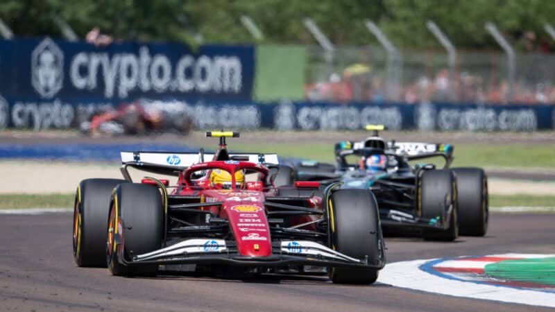 Lewis Hamilton (Ferrari) leads Kimi Antonelli (Mercedes) during the 2025 Emilia Romagna Grand Prix in Imola