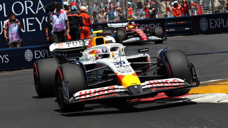 Liam Lawson (Racing Bulls-Honda) with Lewis Hamilton (Ferrari) at the 2025 Monaco Grand Prix