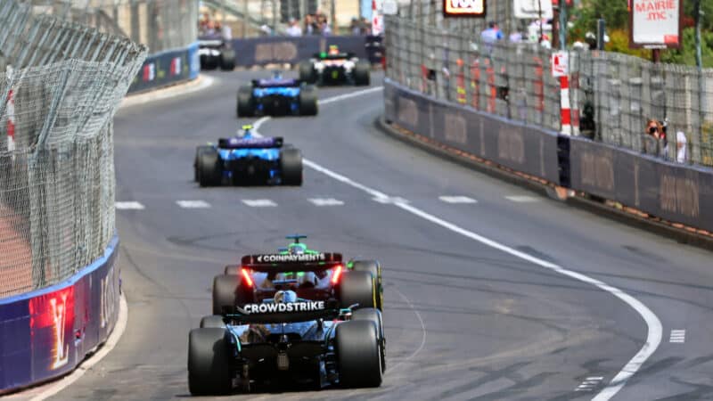 Gabriel Bortoleto (Sauber-Ferrari),, Kimi Antondelli (Mercedes) and others seen from behind during the 2025 Monaco Grand Prix