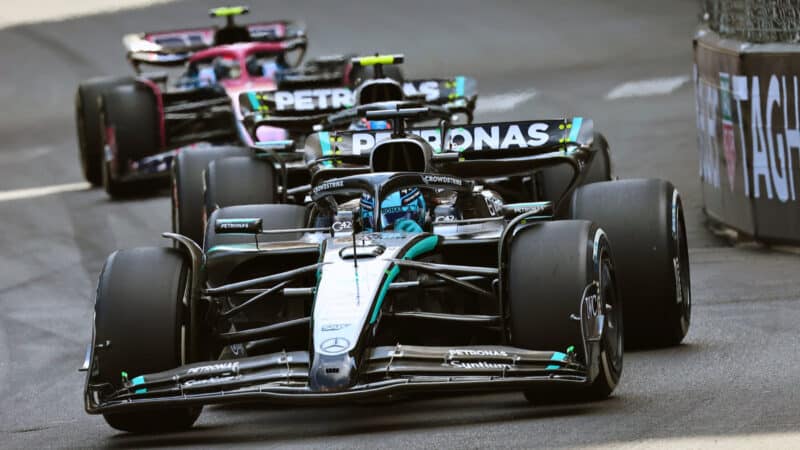 George Russell leads Mercedes teammate Kimi Antonelli and Franco Colapinto (Alpine-Renault) during the 2025 Monaco Grand Prix