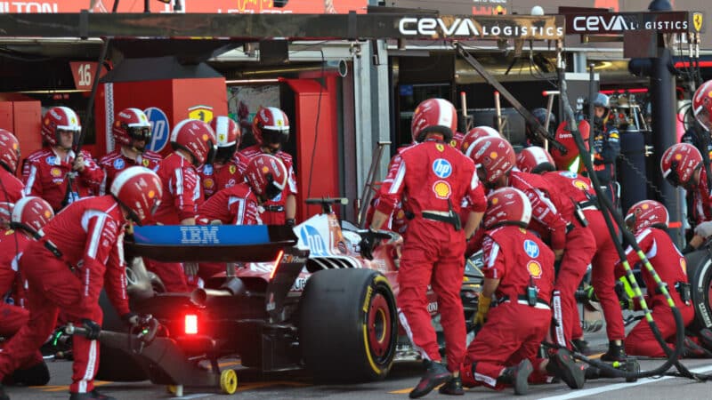 Pitstop for Charles Leclerc (Ferrari) in the 2025 Monaco Grand Prix