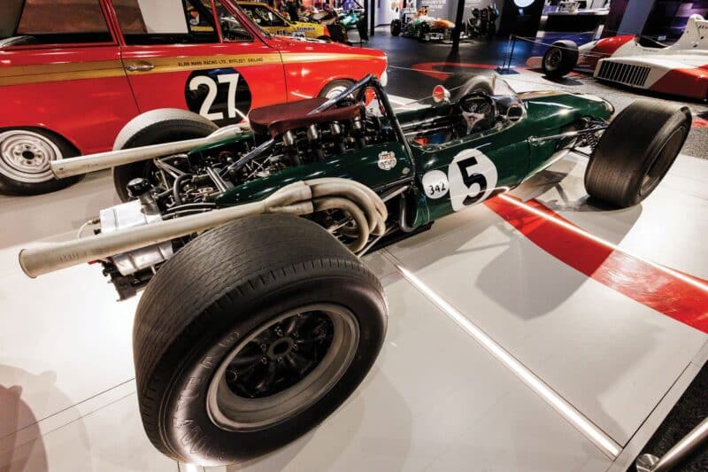 Alan Mann Lotus Cortina KPU 329C 1965 with Brabham BT20 Silverstone 75 Exhibition