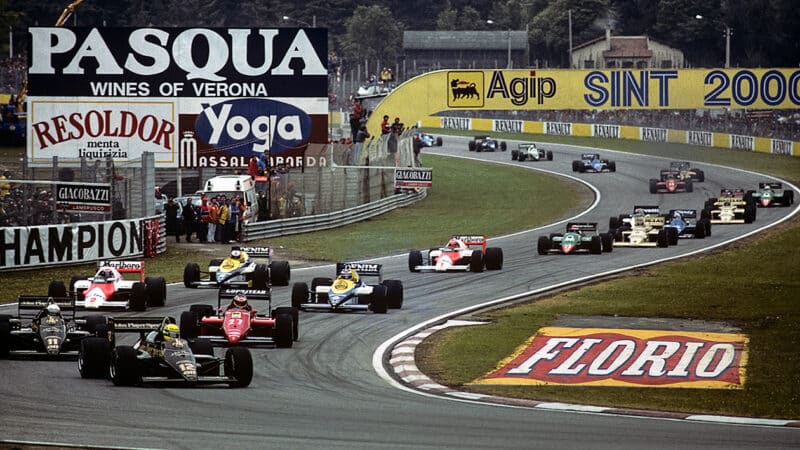 Ayrton Senna leads at the start of the 1985 F1 San Marino Grand Prix at Imola