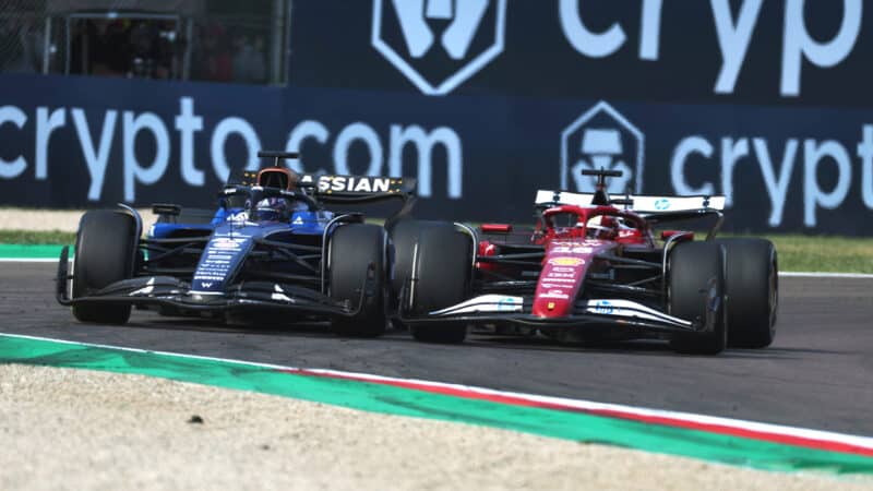 Charles Leclerc battles with Alex Albon at the 2025 F1 Emilia Romagna Grand Prix