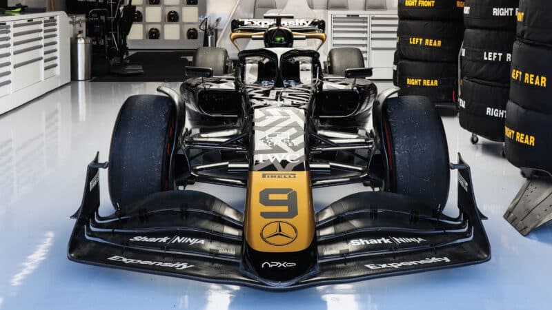 Mercedes Applied Science modified the F2 car to make it look like an F1 racer; note the Mercedes branding