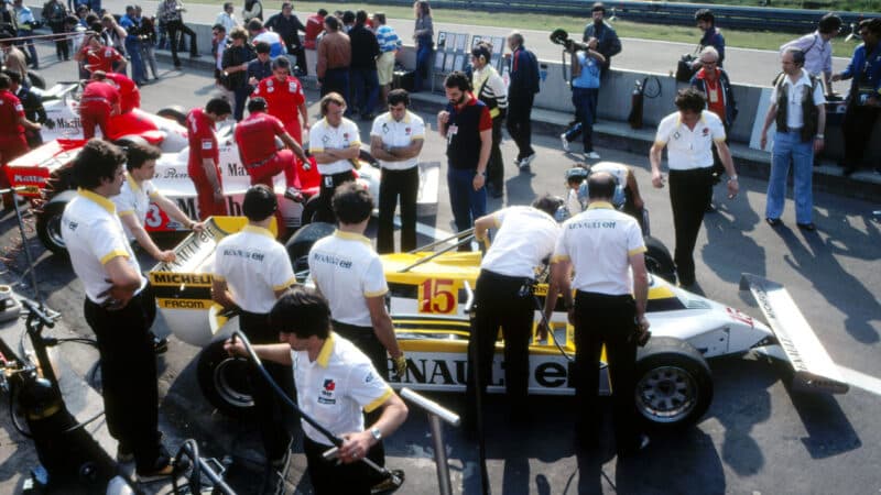 F1 cars at narrow Zolder pitlane ahead of the 1981 Belgian Grand Prix
