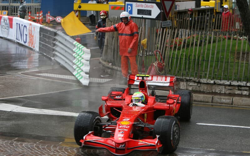 Felipe Massa spins his Ferrari round after running down an escape road at the 2008 F1 Monaco Grand Prix