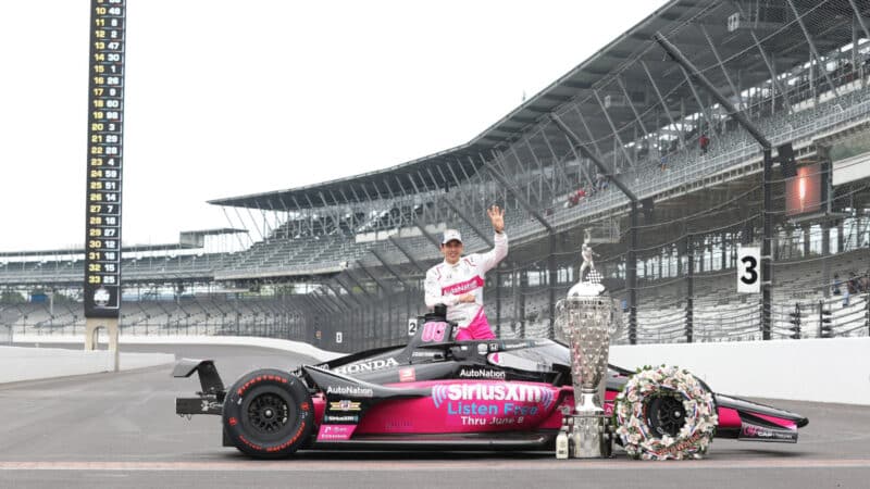 Helio Castroneves during a portrait session at the finish line a day after winning the Indianapolis 500
