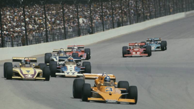 American racing driver Johnny Rutherford driving car number 3 to win the Indianapolis 500