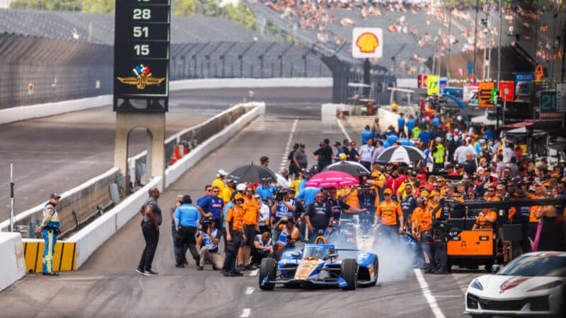 Kyle Larson drives during the 'Fast 12' during qualifications for the 2024 Indy 500