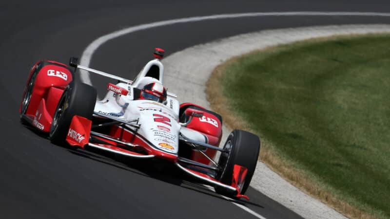 Juan Pablo Montoya of Colombia driver of the #2 Team Penske Chevrolet Dallara drives during the 99th running of the Indianapolis 500