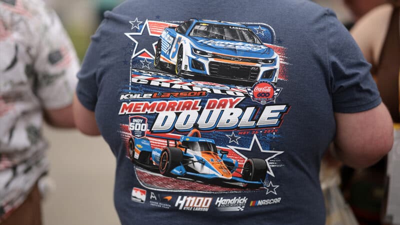 Indy 500 fan wearing Kyle Larson double t-shirt