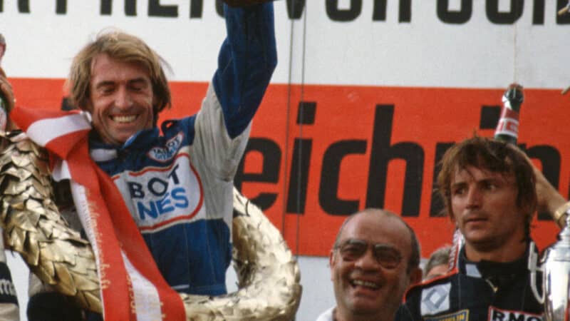 Jacques Laffite and Rene Arnoux on the podium after 1981 Austrian Grand Prix