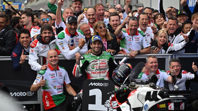 Johann Zarco celebrates with LCR Honda team after winning 2025 MotoGP French GP