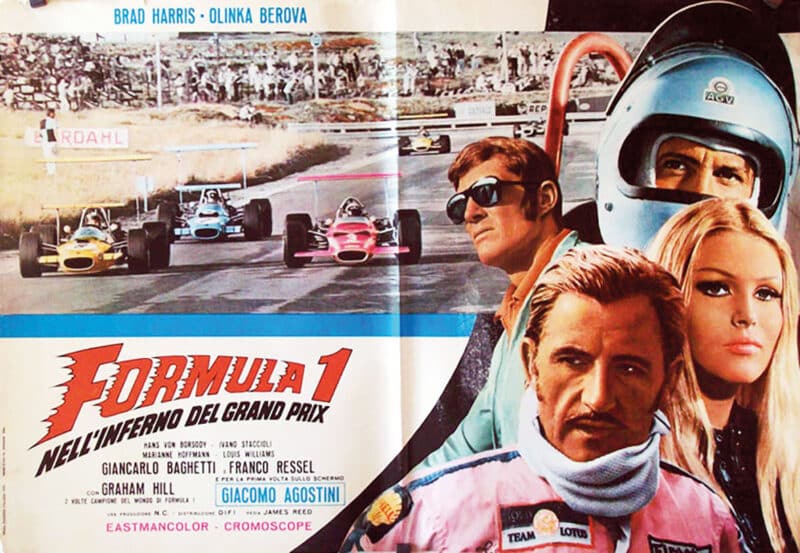 Left: Formula 1 Nell’Inferno del Grand Prix was an Italian production from 1970 following fictional driver Ken Stark and rival Frank Donovan, with cameos from Graham Hill, Giancarlo Baghetti and even Giacomo Agostini.  It was released as Maniacs on Wheels in the US.