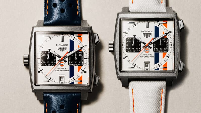 TAG Heuer Monaco watch with blue and white strap designs