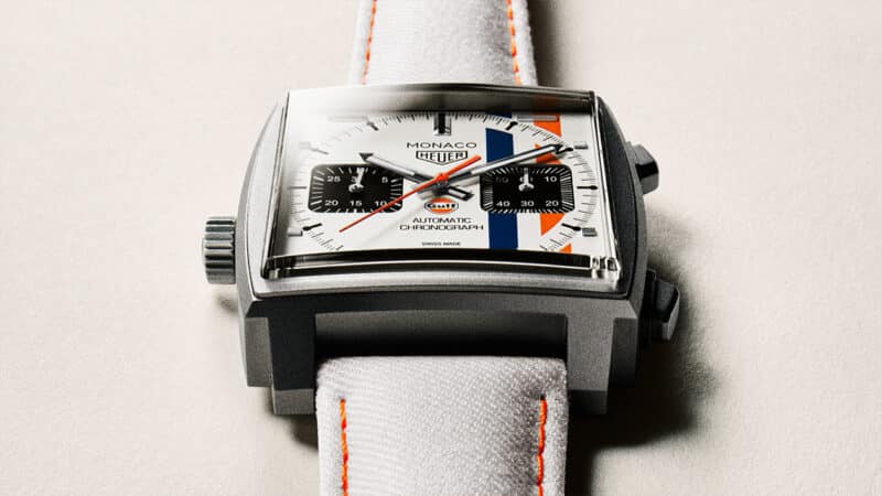 TAG Heuer Monaco watch with white strap