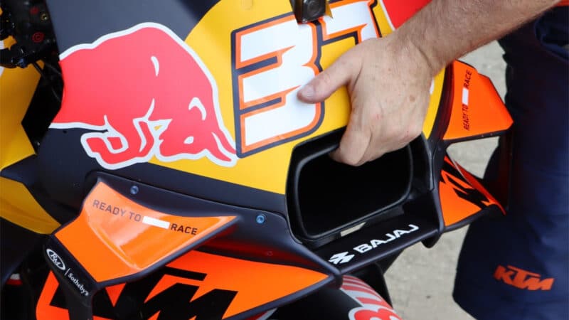 Acosta’s KTM RC16, with Ready To Race motto, at Silverstone last weekend. The Bajaj stickers appeared immediately after the Indian company announced its takeover of the Austrian brand