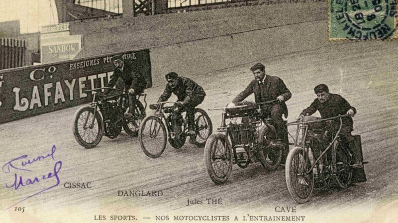 Henri Cissac, Jules Thé and others at a Parisian velodrome, also used for motorcycle racing. The two bikes on the right are pacers, used to help cyclists break records. Pacers were some of the first machines used for motorcycle racing