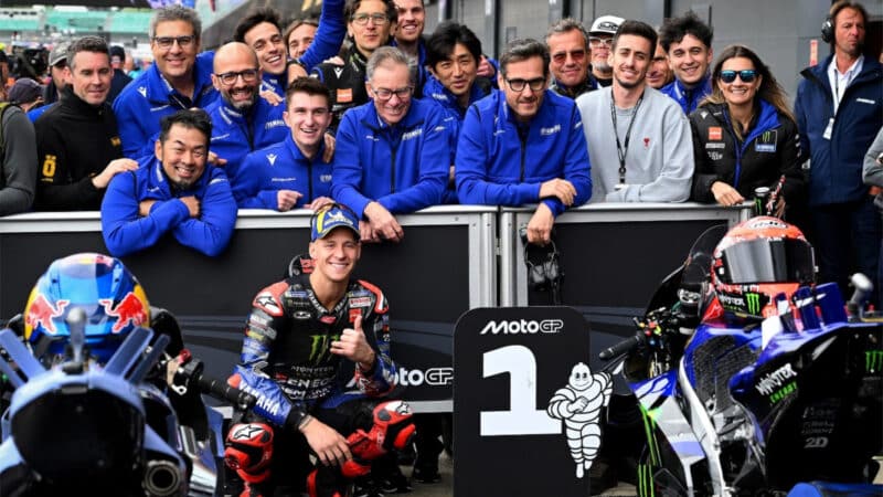 Quartararo and his crew in happier times – after taking a third consecutive pole on Saturday