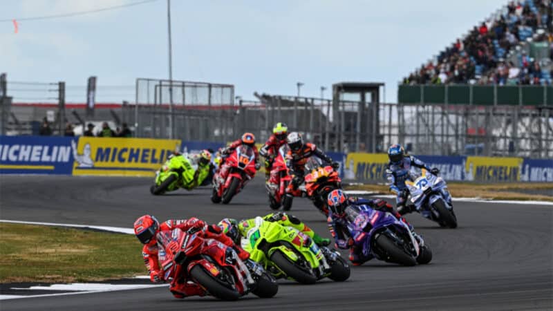 Marc Marquez struggling with a lack of front grip and running wide at Becketts