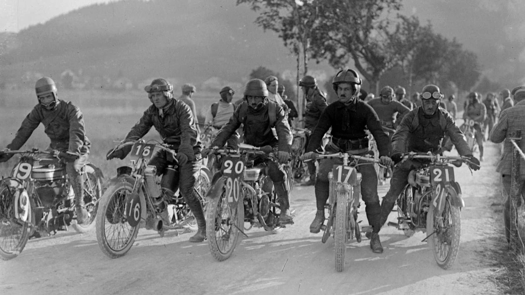 No nation was more motorcycle-mad than France, but the British factories moved ahead after the First World War. This is a 1920s race start outside Colmar, France. From left: a Norton single, a Scott two-stroke twin, a Douglas flat-twin, another Scott and another Douglas