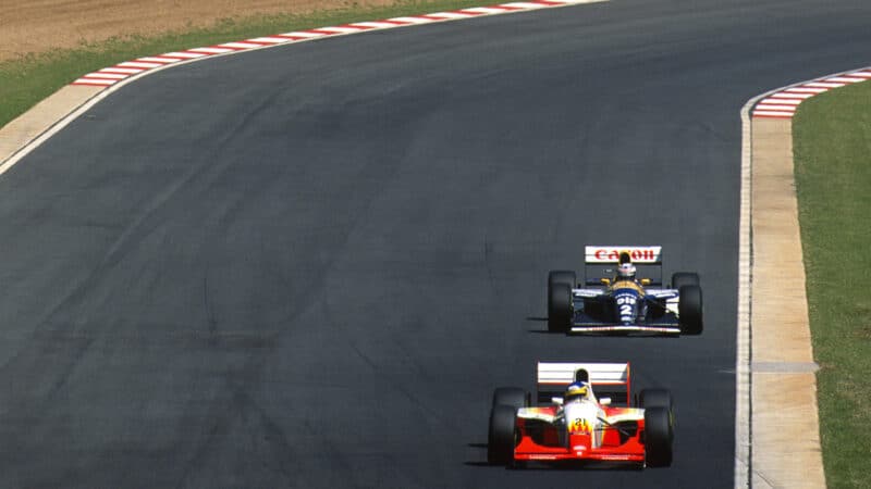 Michele Alboreto (BMS Lola-Ferrari) leads Alain Prost (Williams-Renault) during the 1993 South African Grand Prix