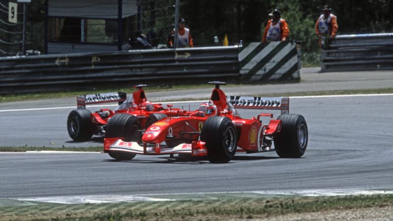 Rubens Barrichello in front of Ferrari teammate Michael Schumacher in the 2002 Austrian Grand Prix