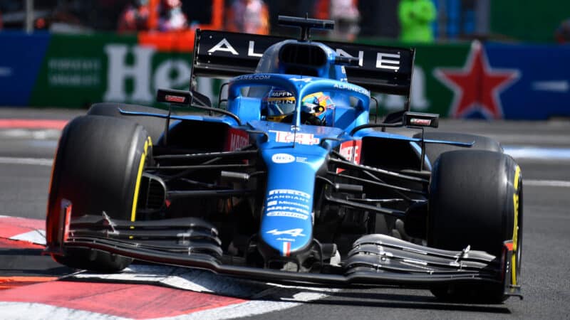 Fernando Alonso (Alpine-Renault) during practice for the 2021 Mexico City Grand Prix.