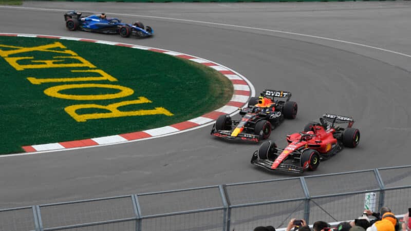 Charles Leclerc (Ferrari), Sergio Perez (Red Bull-Honda) and Sargeant Logan (Williams-Mercedes) during practice for the 2023 Canadian Grand Prix