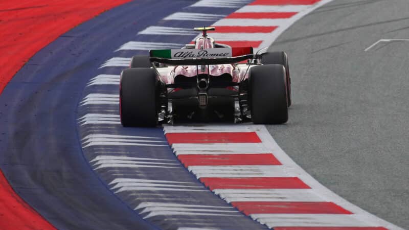 Guanyu Zhou (Alfa Romeo-Ferrari) seen from behind during practice for the 2023 Austrian Grand Prix