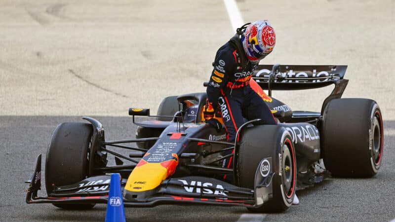 Max Verstappen gets out of his Red Bull-Honda after the 2025 Spanish Grand Prix