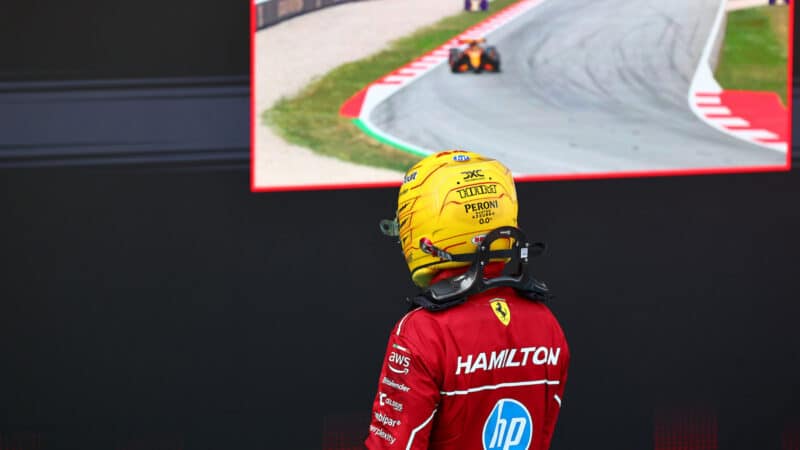 Lewis Hamilton (Ferrari) wat th TV after the 2025 Spanish Grand Prix