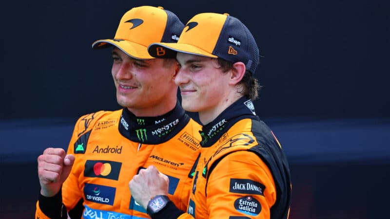 Oscar Piastri and Lando Norris celebrate after the 2025 Spanish Grand Prix