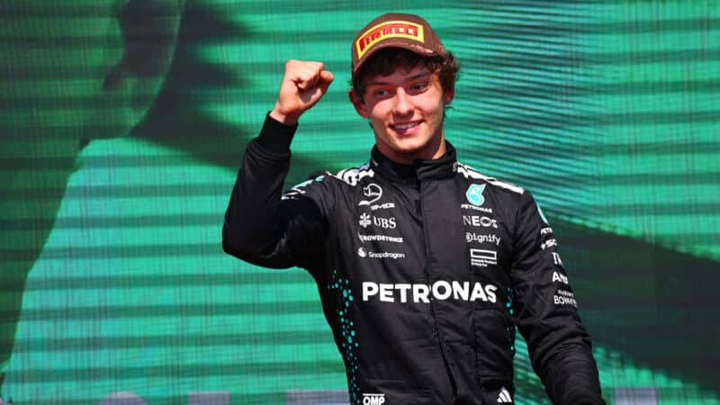 Kimi Antonelli (Mercedes) on the podium after the 2025 Canadian Grand Prix