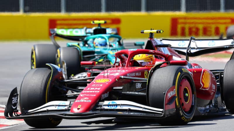 Lewis Hamilton (Ferrari) leads Fernando Alonso (Aston Martin-Mercedes) during the 2025 Canadian Grand Prix