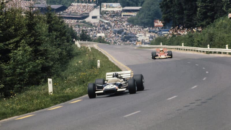 Graham Hill, Lotus 49C Ford leads John Miles, Lotus 72B Ford during the Belgian GP
