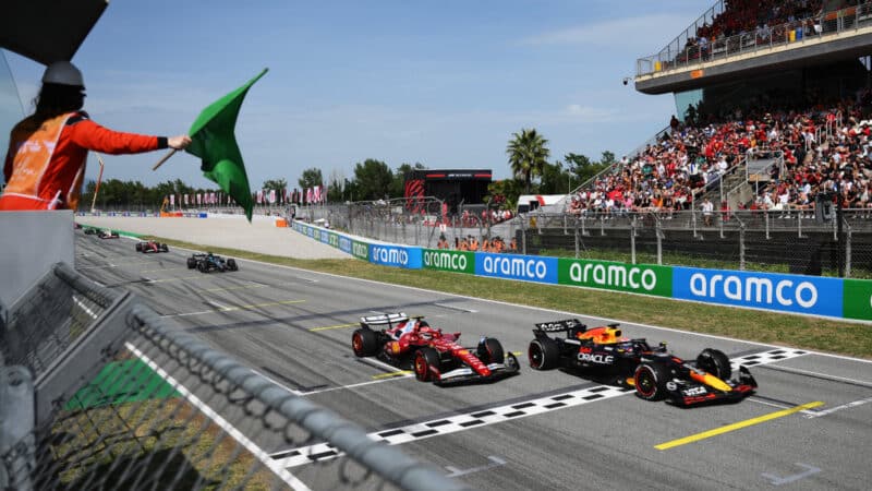 Verstappen losing third place to Leclerc at the restart