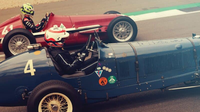 Martin Brundle and Oliver Bearman with 1934 Era R4A and Alfa Romeo 158 racing